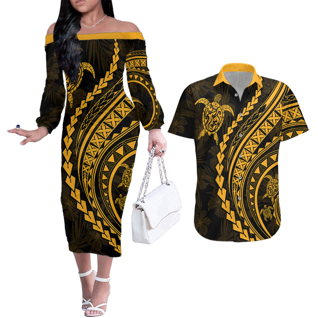 Polynesian Pride Couples Matching Off The Shoulder Long Sleeve Dress and Hawaiian Shirt Turtle Hibiscus Luxury Style - Merigold LT7 - Wonder Print Shop