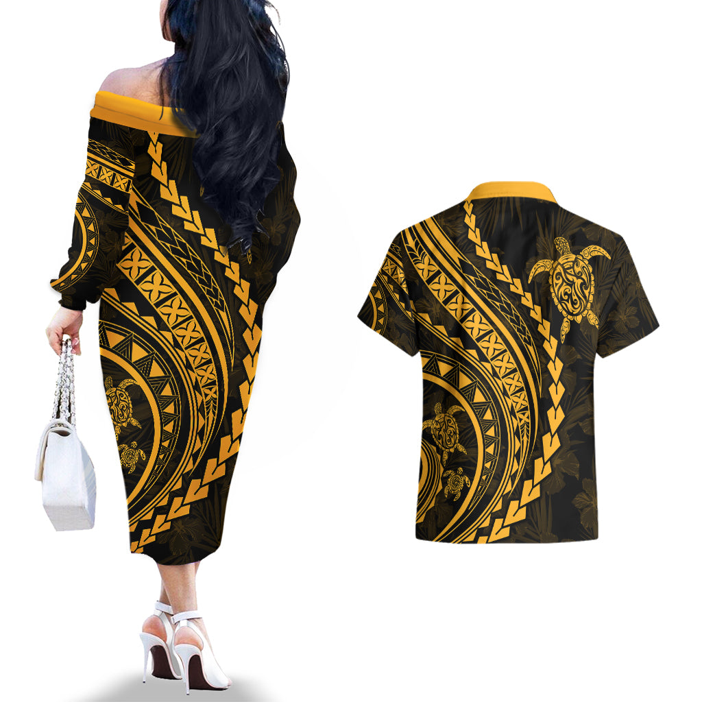 Polynesian Pride Couples Matching Off The Shoulder Long Sleeve Dress and Hawaiian Shirt Turtle Hibiscus Luxury Style - Merigold LT7 - Wonder Print Shop