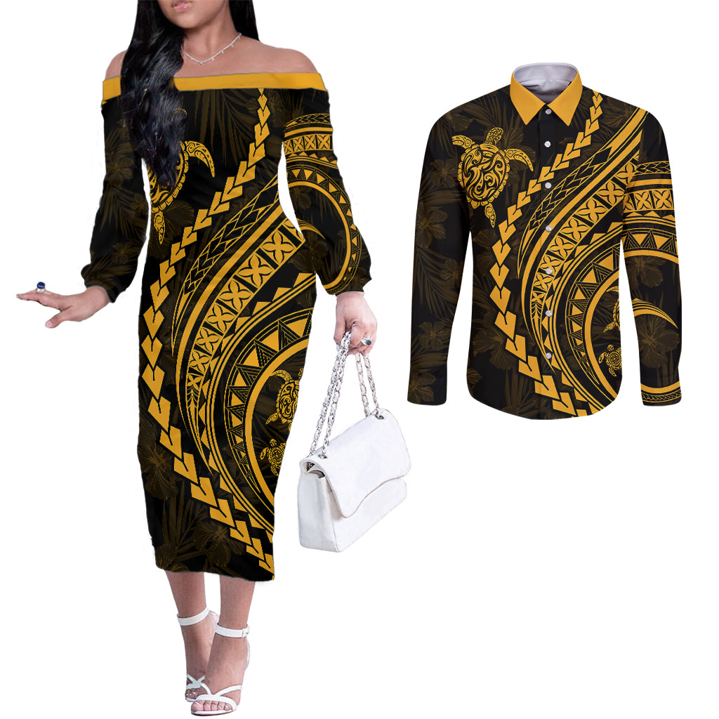 polynesian-pride-couples-matching-off-the-shoulder-long-sleeve-dress-and-long-sleeve-button-shirts-turtle-hibiscus-luxury-style-merigold