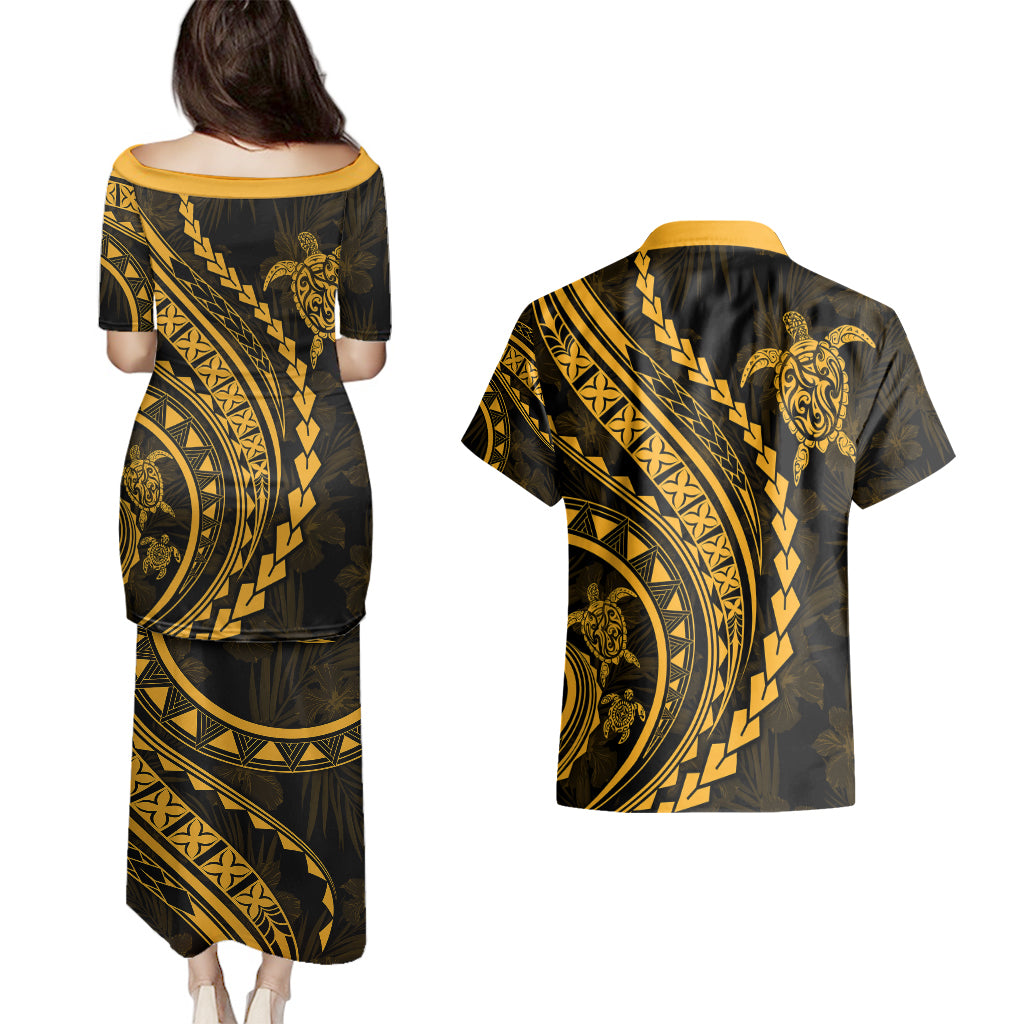 Polynesian Pride Couples Matching Puletasi Dress and Hawaiian Shirt Turtle Hibiscus Luxury Style - Merigold LT7 - Wonder Print Shop