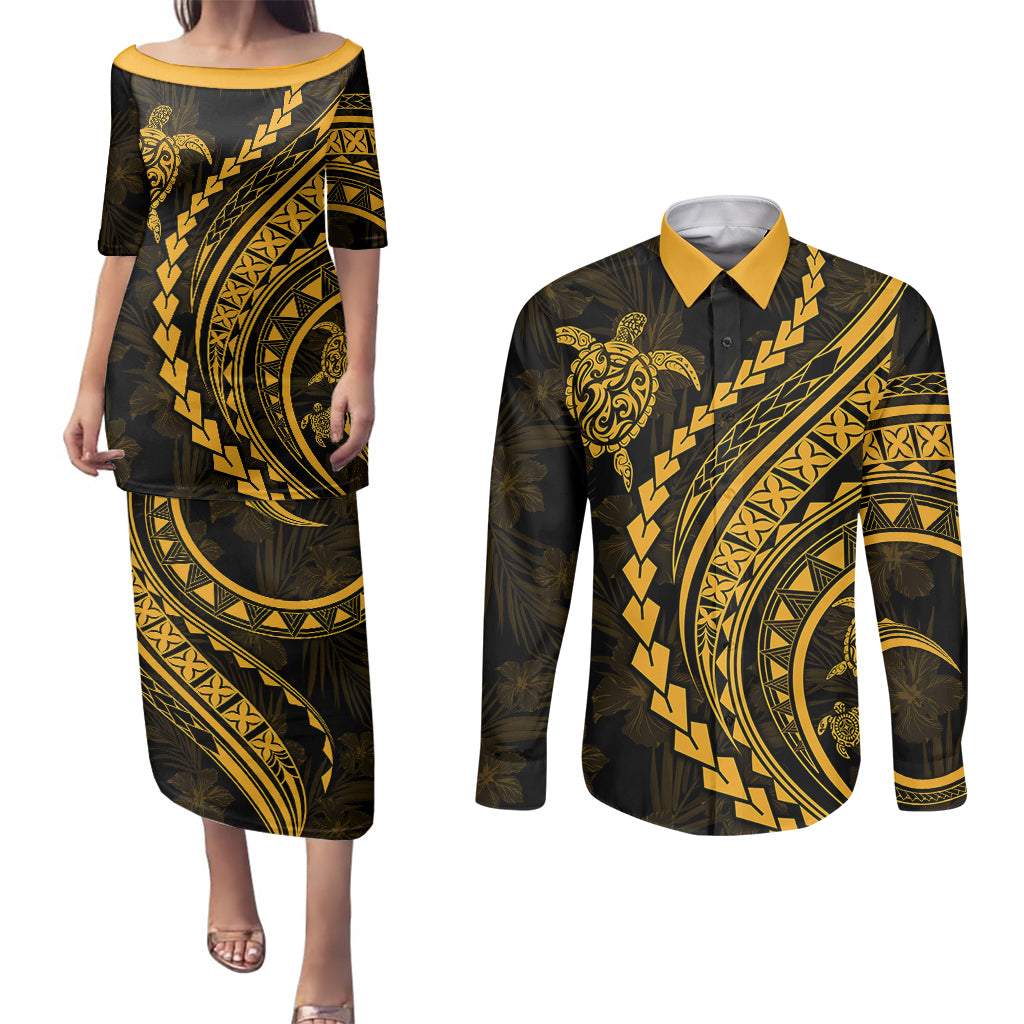 Polynesian Pride Couples Matching Puletasi Dress and Long Sleeve Button Shirts Turtle Hibiscus Luxury Style - Merigold LT7 - Wonder Print Shop