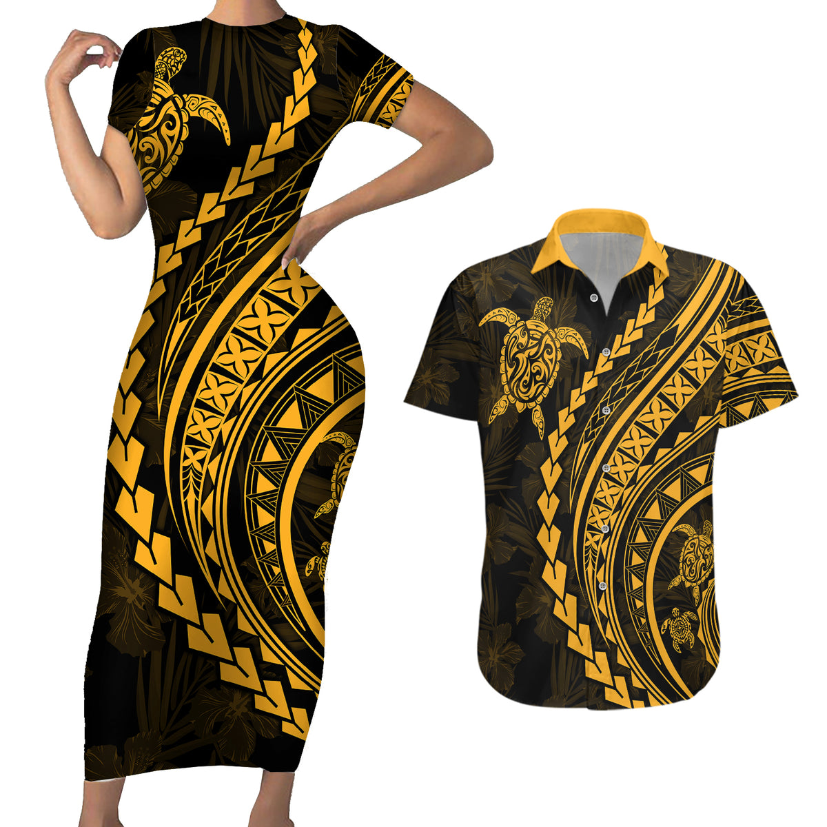 Polynesian Pride Couples Matching Short Sleeve Bodycon Dress and Hawaiian Shirt Turtle Hibiscus Luxury Style - Merigold LT7 - Wonder Print Shop