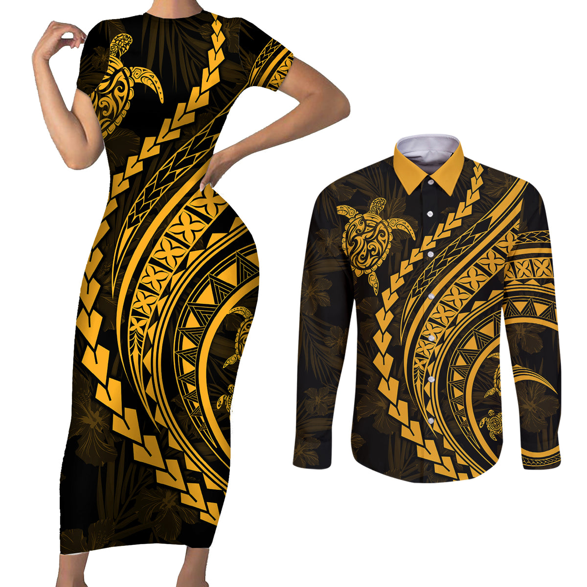 Polynesian Pride Couples Matching Short Sleeve Bodycon Dress and Long Sleeve Button Shirts Turtle Hibiscus Luxury Style - Merigold LT7 - Wonder Print Shop
