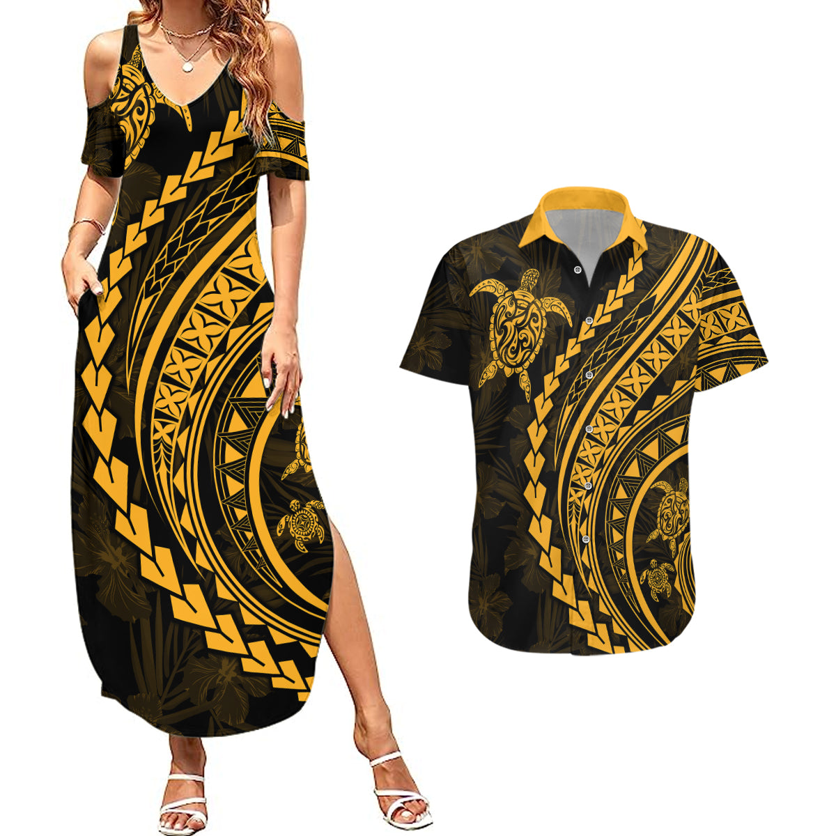 Polynesian Pride Couples Matching Summer Maxi Dress and Hawaiian Shirt Turtle Hibiscus Luxury Style - Merigold LT7 - Wonder Print Shop