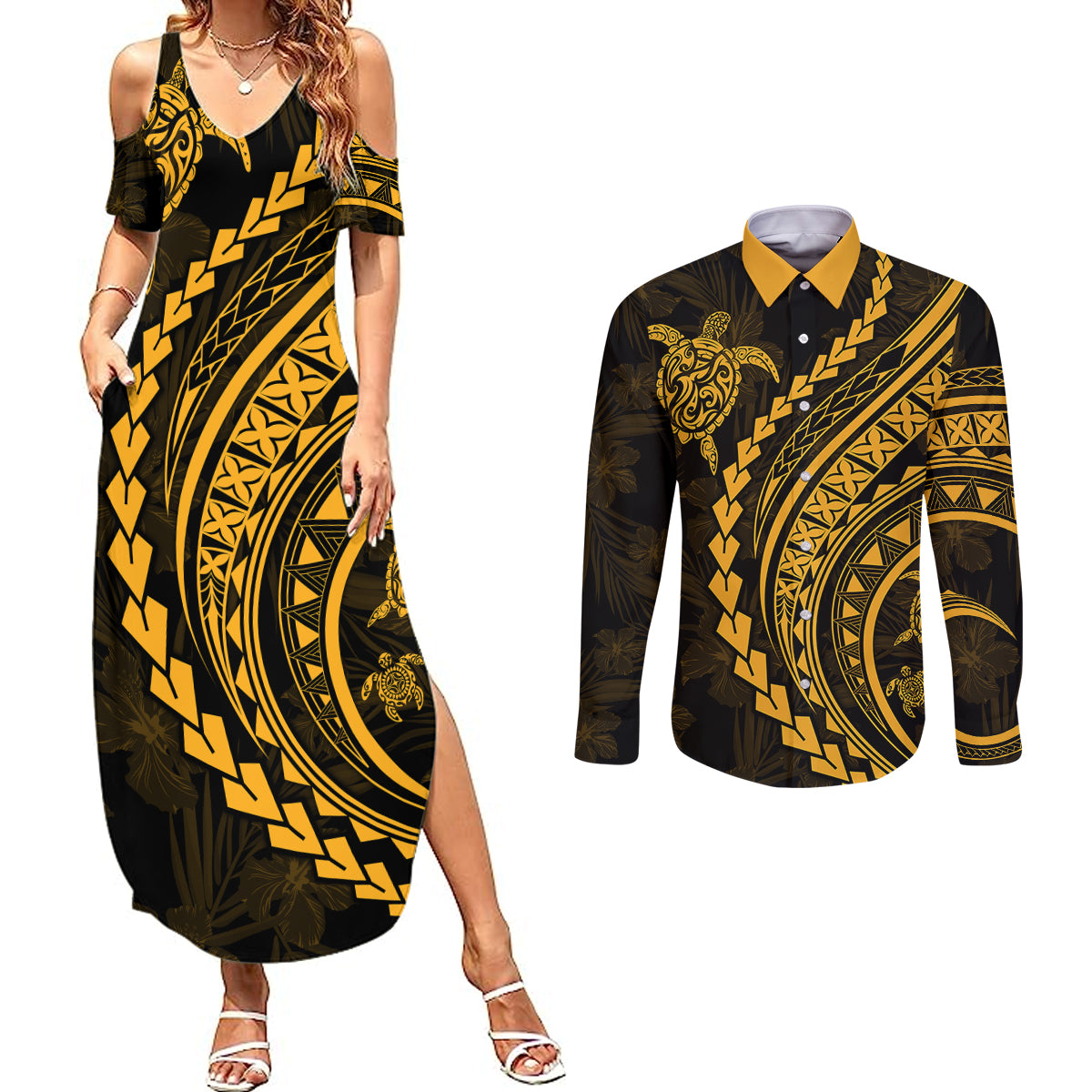 Polynesian Pride Couples Matching Summer Maxi Dress and Long Sleeve Button Shirts Turtle Hibiscus Luxury Style - Merigold LT7 - Wonder Print Shop