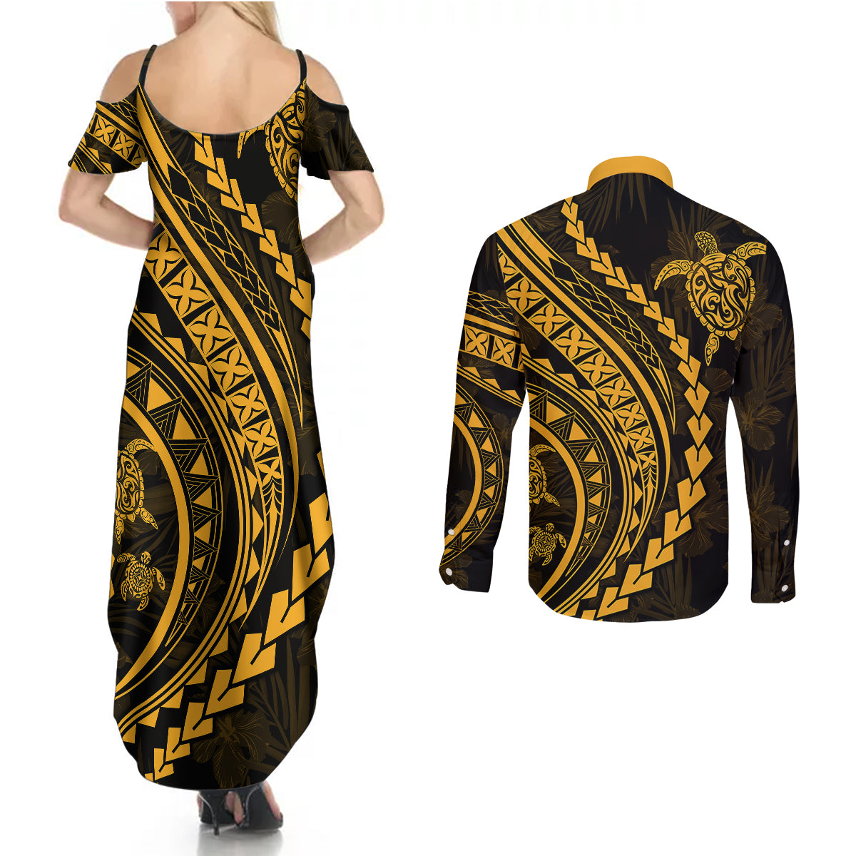 Polynesian Pride Couples Matching Summer Maxi Dress and Long Sleeve Button Shirts Turtle Hibiscus Luxury Style - Merigold LT7 - Wonder Print Shop