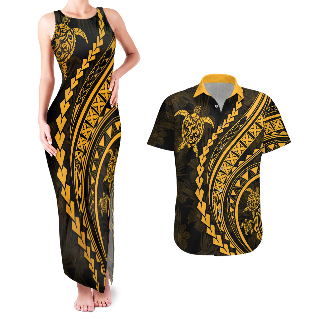 Polynesian Pride Couples Matching Tank Maxi Dress and Hawaiian Shirt Turtle Hibiscus Luxury Style - Merigold LT7 - Wonder Print Shop