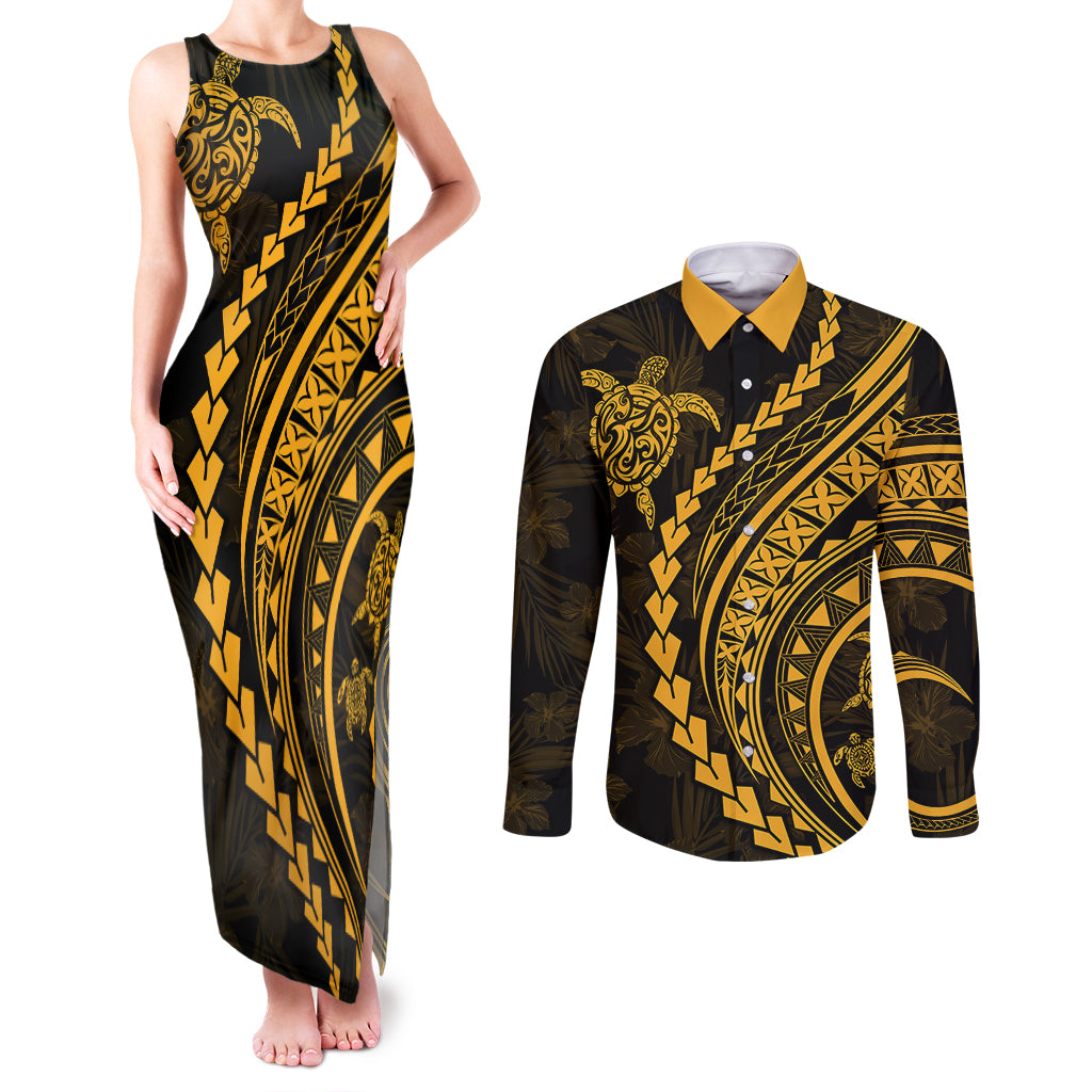 Polynesian Pride Couples Matching Tank Maxi Dress and Long Sleeve Button Shirts Turtle Hibiscus Luxury Style - Merigold LT7 - Wonder Print Shop
