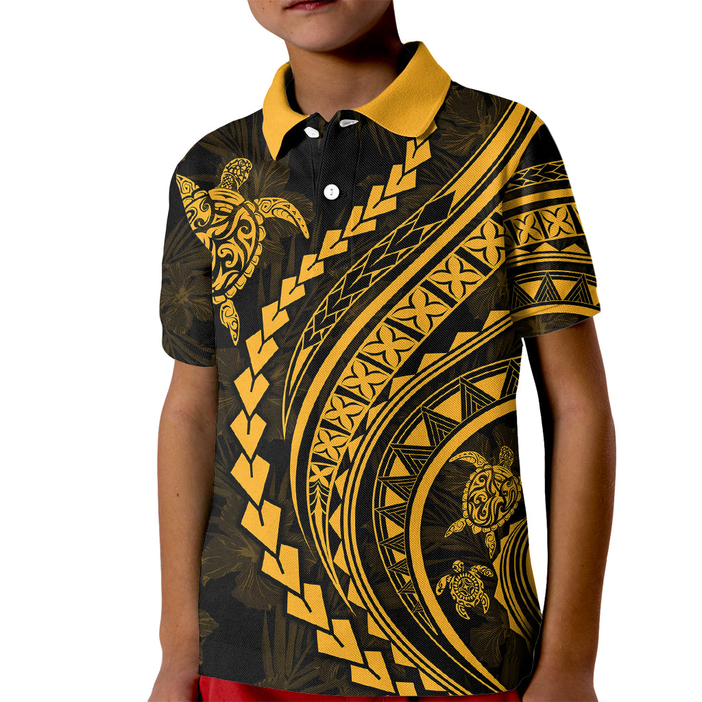 Polynesian Pride Kid Polo Shirt Turtle Hibiscus Luxury Style - Merigold - Wonder Print Shop