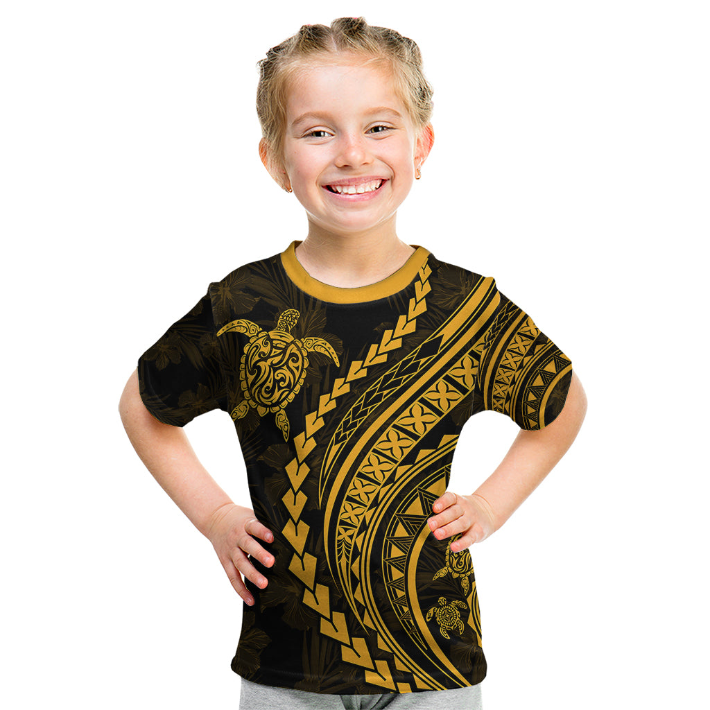 Polynesian Pride Kid T Shirt Turtle Hibiscus Luxury Style - Merigold - Wonder Print Shop