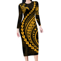 Polynesian Pride Long Sleeve Bodycon Dress Turtle Hibiscus Luxury Style - Merigold - Wonder Print Shop