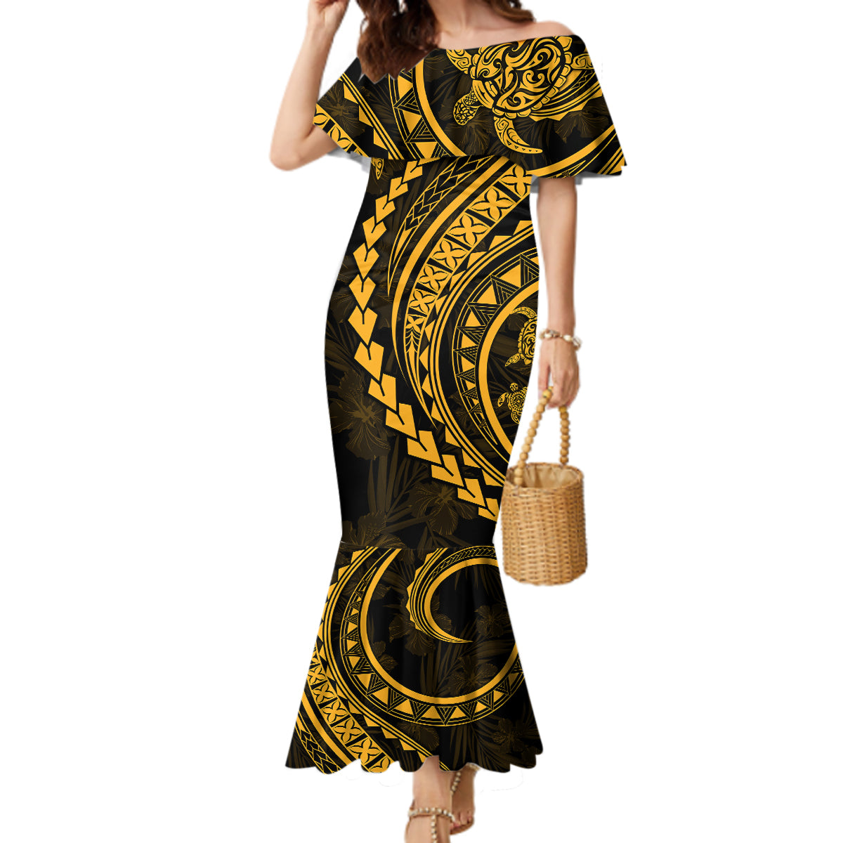 Polynesian Pride Mermaid Dress Turtle Hibiscus Luxury Style - Merigold - Wonder Print Shop