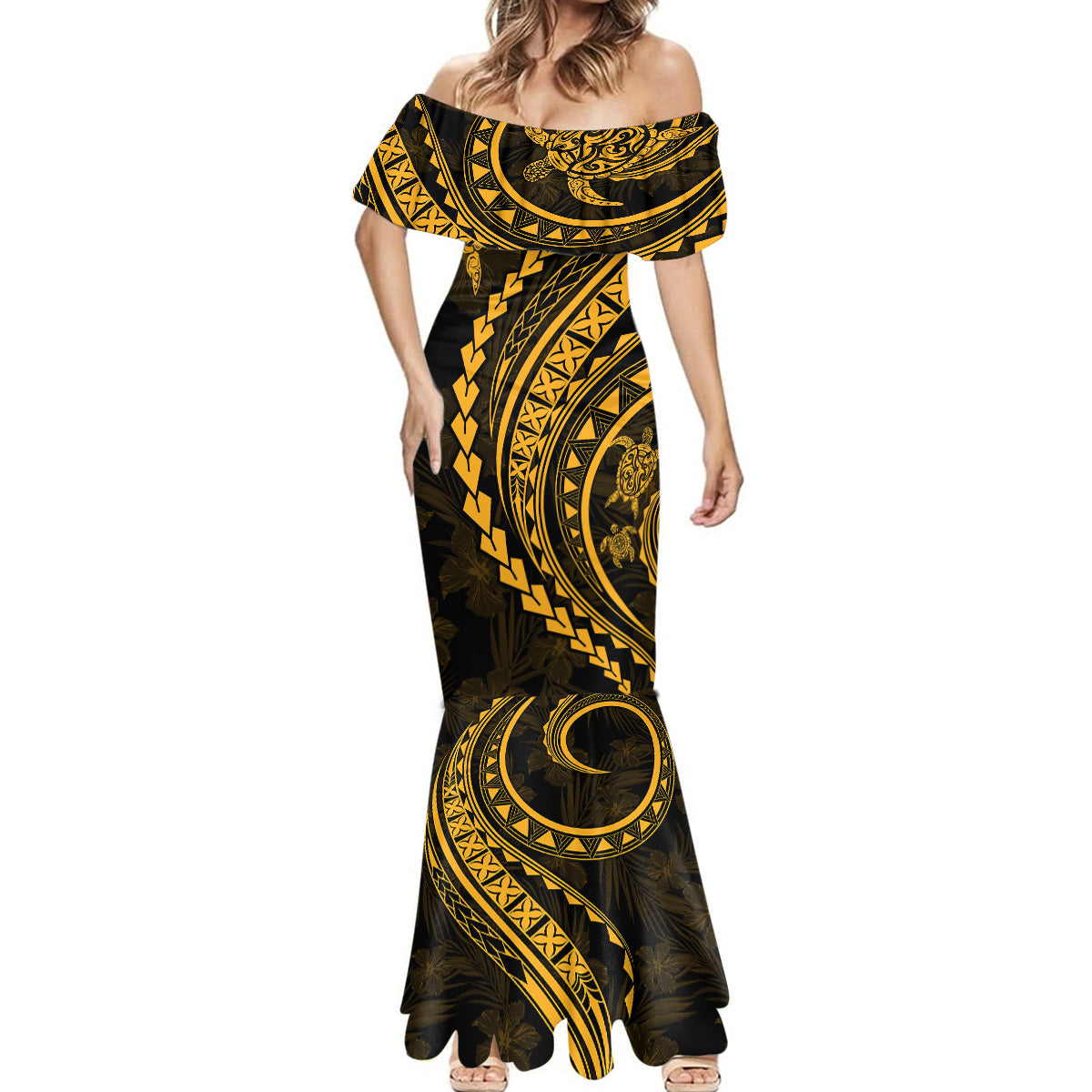 Polynesian Pride Mermaid Dress Turtle Hibiscus Luxury Style - Merigold - Wonder Print Shop