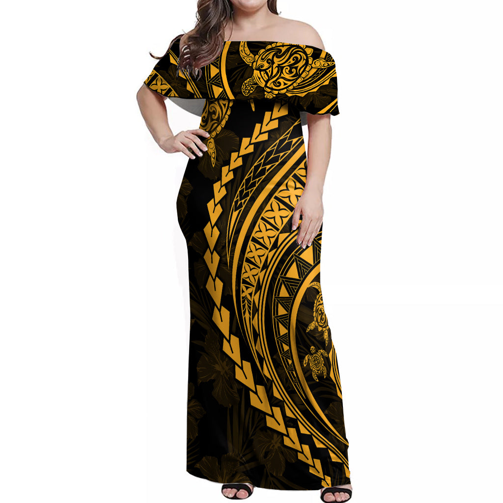 Polynesian Pride Off Shoulder Maxi Dress Turtle Hibiscus Luxury Style - Merigold - Wonder Print Shop