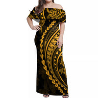 Polynesian Pride Off Shoulder Maxi Dress Turtle Hibiscus Luxury Style - Merigold - Wonder Print Shop