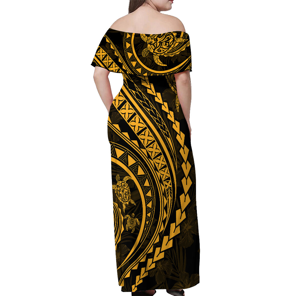 Polynesian Pride Off Shoulder Maxi Dress Turtle Hibiscus Luxury Style - Merigold - Wonder Print Shop