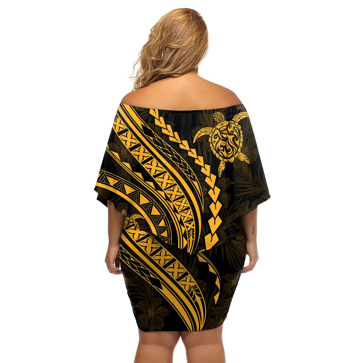 Polynesian Pride Off Shoulder Short Dress Turtle Hibiscus Luxury Style - Merigold - Wonder Print Shop