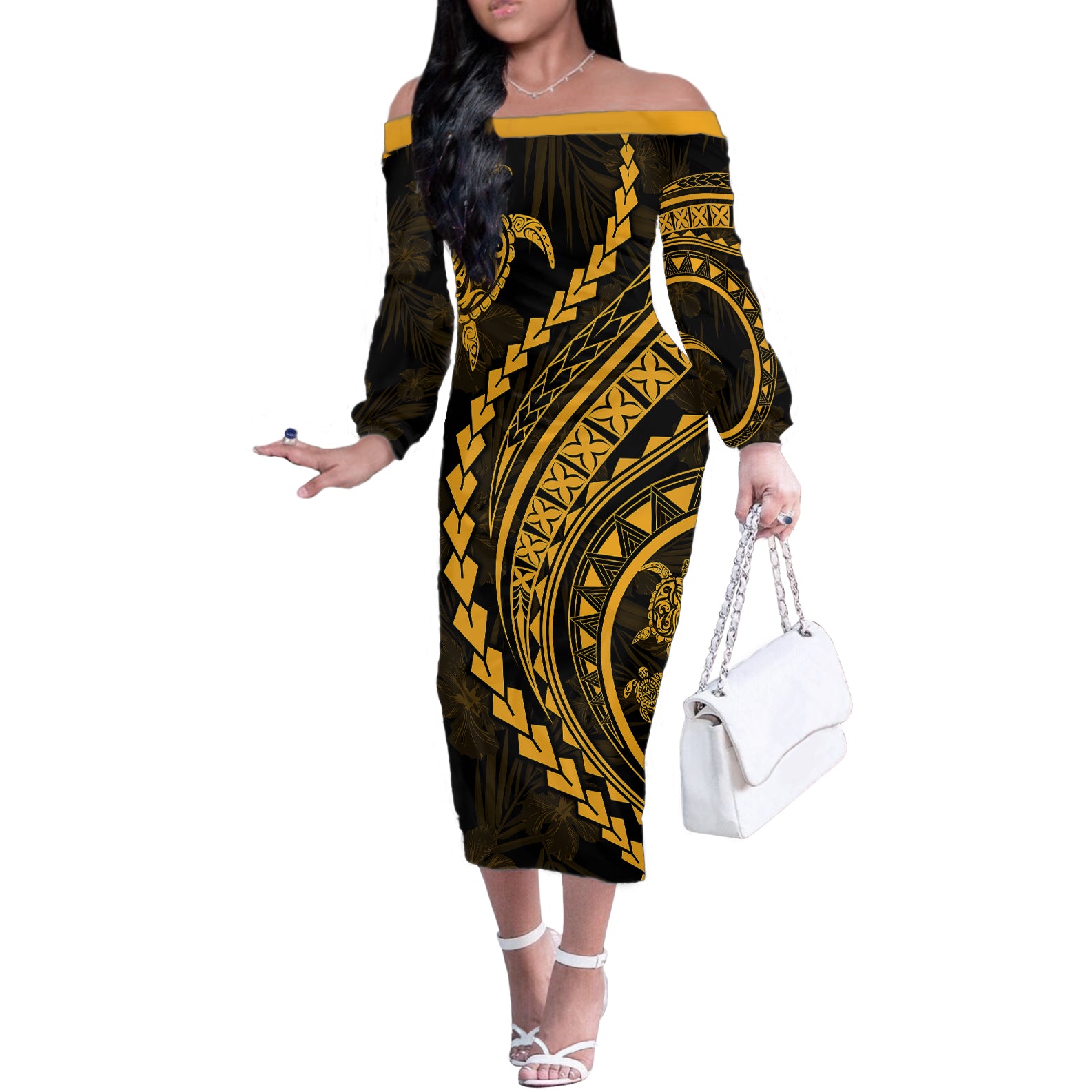 Polynesian Pride Off The Shoulder Long Sleeve Dress Turtle Hibiscus Luxury Style - Merigold - Wonder Print Shop