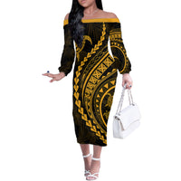 Polynesian Pride Off The Shoulder Long Sleeve Dress Turtle Hibiscus Luxury Style - Merigold - Wonder Print Shop