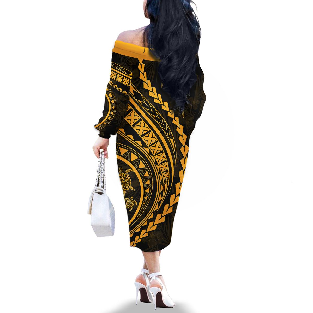 Polynesian Pride Off The Shoulder Long Sleeve Dress Turtle Hibiscus Luxury Style - Merigold - Wonder Print Shop