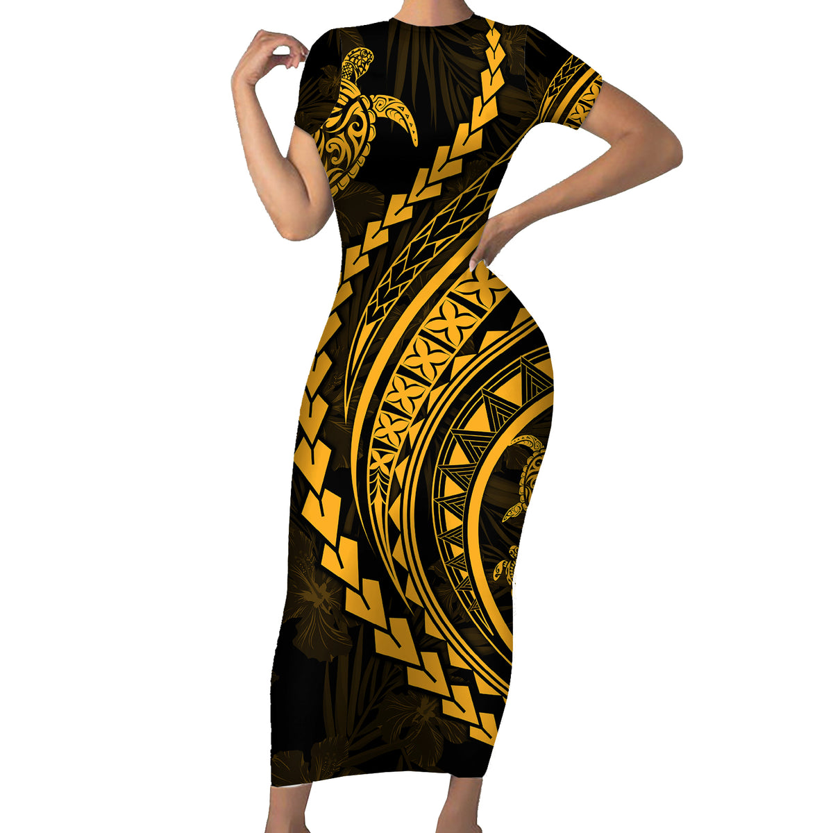 Polynesian Pride Short Sleeve Bodycon Dress Turtle Hibiscus Luxury Style - Merigold - Wonder Print Shop