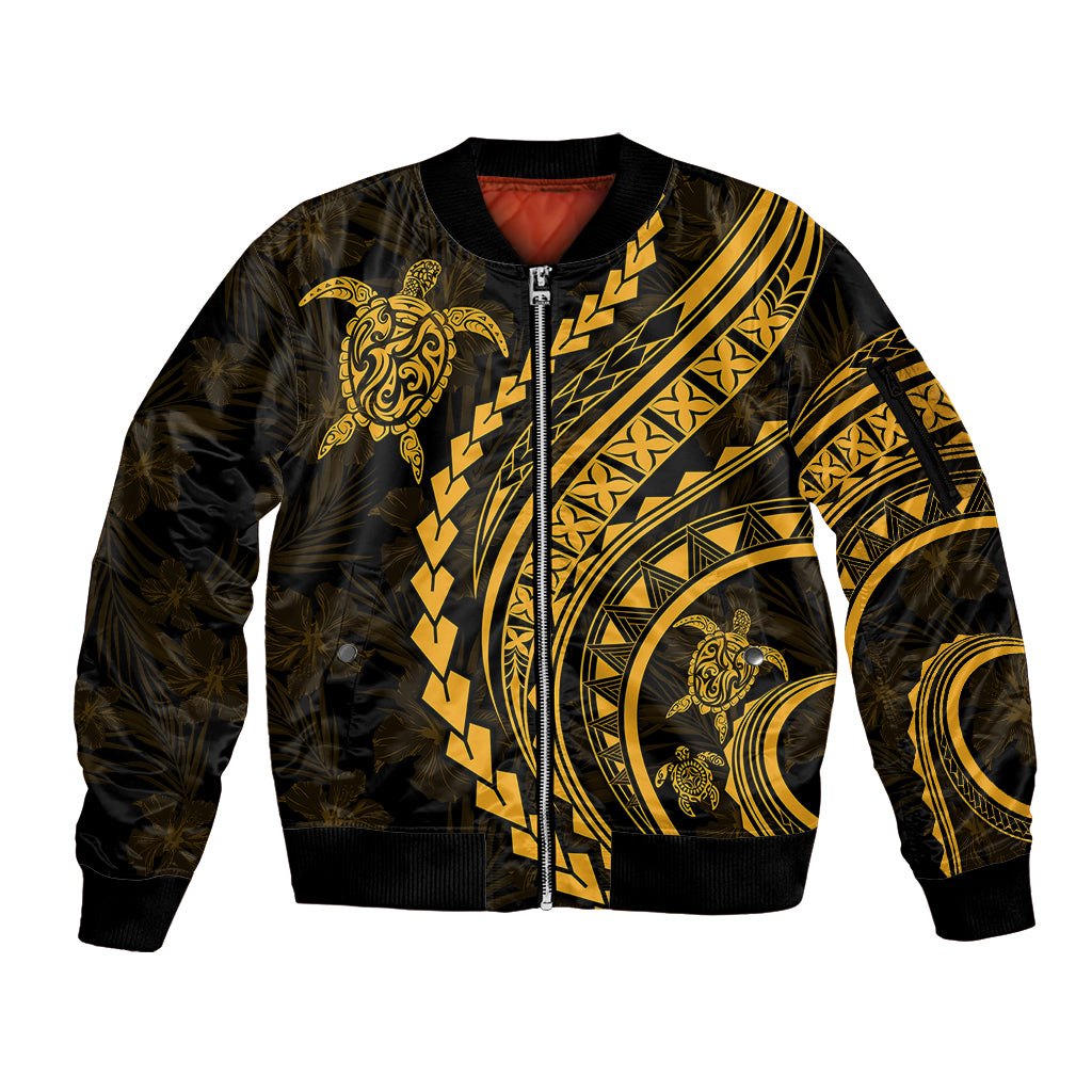 Polynesian Pride Sleeve Zip Bomber Jacket Turtle Hibiscus Luxury Style - Merigold - Wonder Print Shop