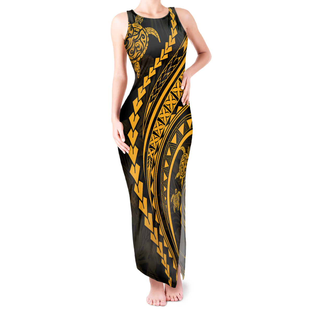 Polynesian Pride Tank Maxi Dress Turtle Hibiscus Luxury Style - Merigold - Wonder Print Shop