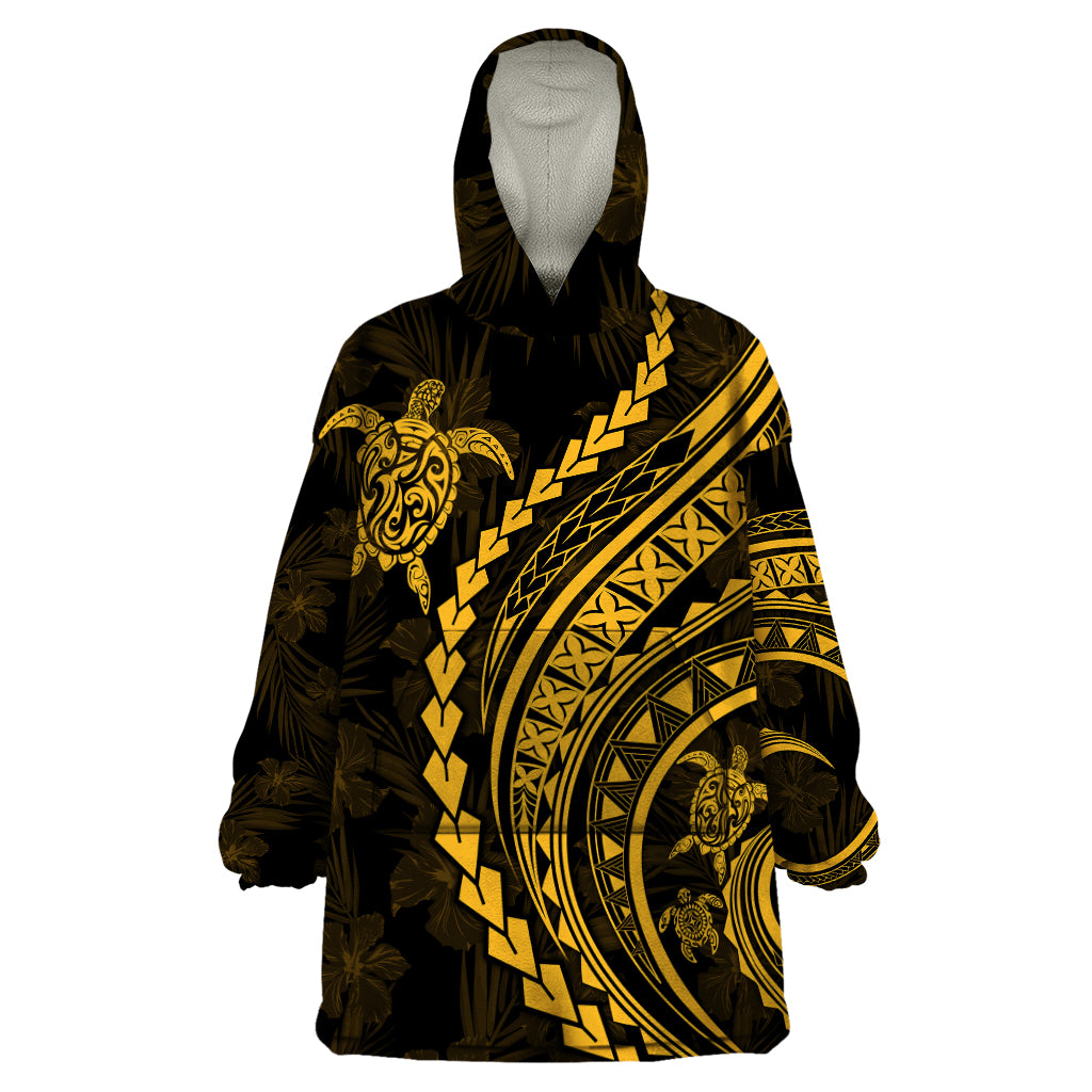 Polynesian Pride Wearable Blanket Hoodie Turtle Hibiscus Luxury Style - Merigold - Wonder Print Shop