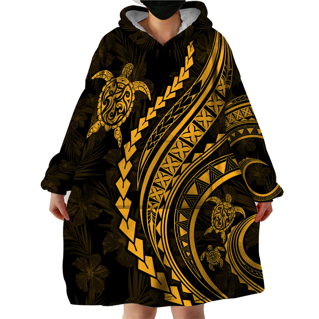 Polynesian Pride Wearable Blanket Hoodie Turtle Hibiscus Luxury Style - Merigold - Wonder Print Shop