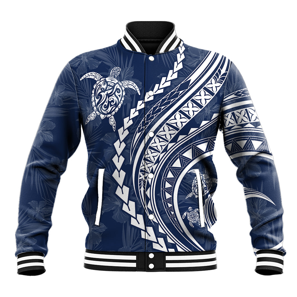 Polynesian Pride Baseball Jacket Turtle Hibiscus Luxury Style - Navy LT7 - Wonder Print Shop