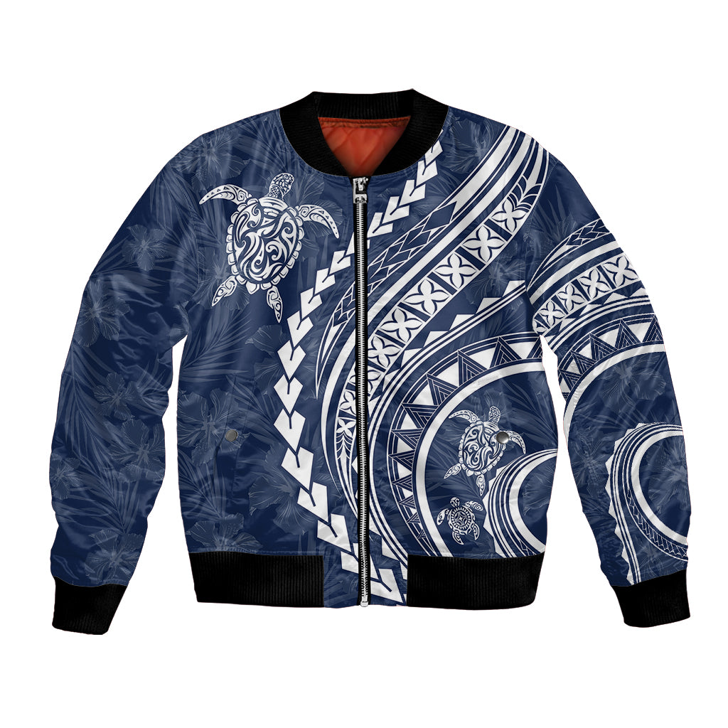 Polynesian Pride Bomber Jacket Turtle Hibiscus Luxury Style - Navy LT7 - Wonder Print Shop
