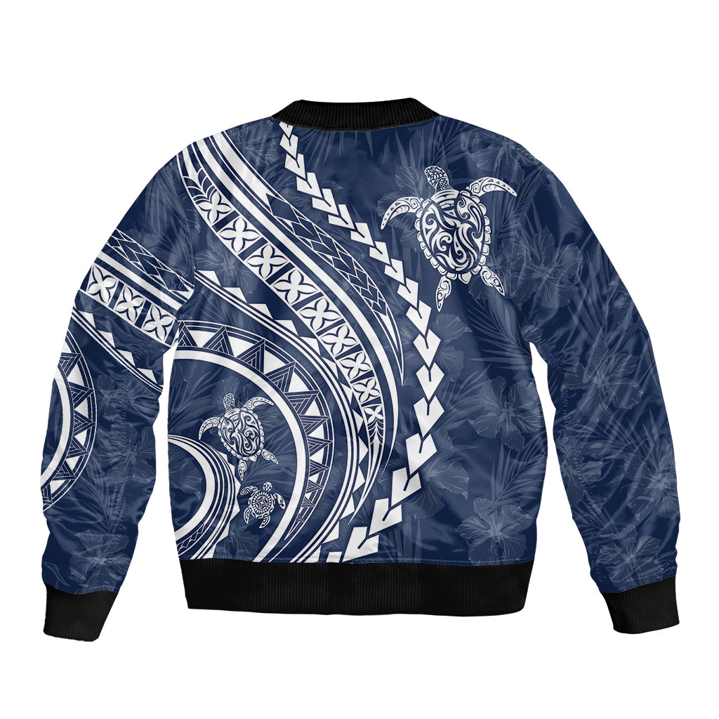 Polynesian Pride Bomber Jacket Turtle Hibiscus Luxury Style - Navy LT7 - Wonder Print Shop