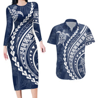 Polynesian Pride Couples Matching Long Sleeve Bodycon Dress and Hawaiian Shirt Turtle Hibiscus Luxury Style - Navy LT7 - Wonder Print Shop