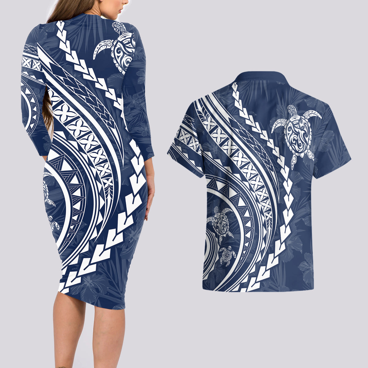 Polynesian Pride Couples Matching Long Sleeve Bodycon Dress and Hawaiian Shirt Turtle Hibiscus Luxury Style - Navy LT7 - Wonder Print Shop