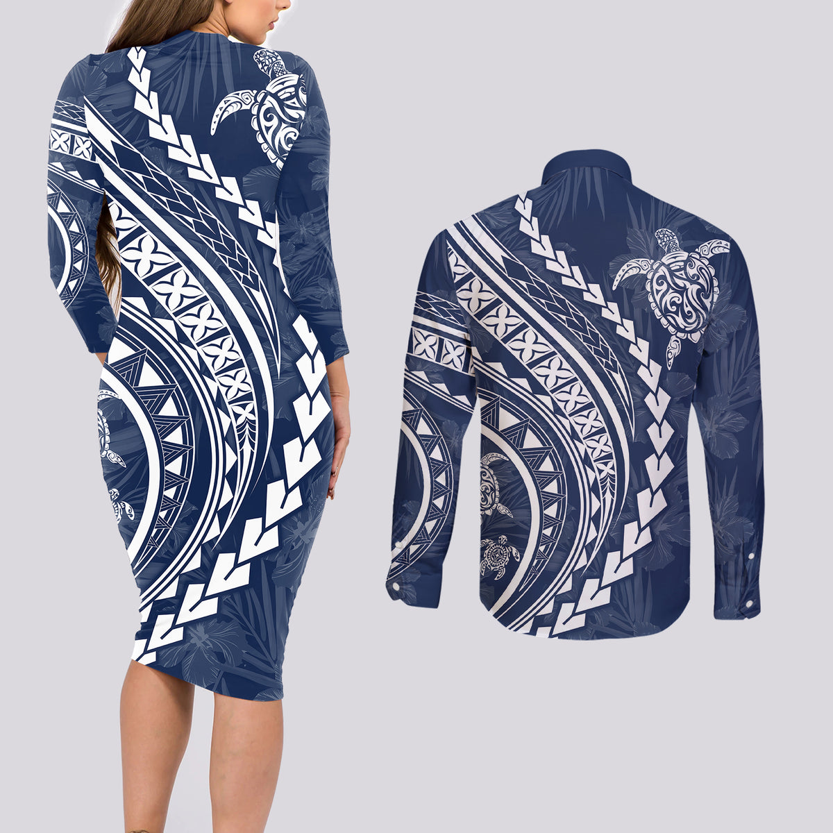 Polynesian Pride Couples Matching Long Sleeve Bodycon Dress and Long Sleeve Button Shirts Turtle Hibiscus Luxury Style - Navy LT7 - Wonder Print Shop