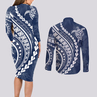 Polynesian Pride Couples Matching Long Sleeve Bodycon Dress and Long Sleeve Button Shirts Turtle Hibiscus Luxury Style - Navy LT7 - Wonder Print Shop
