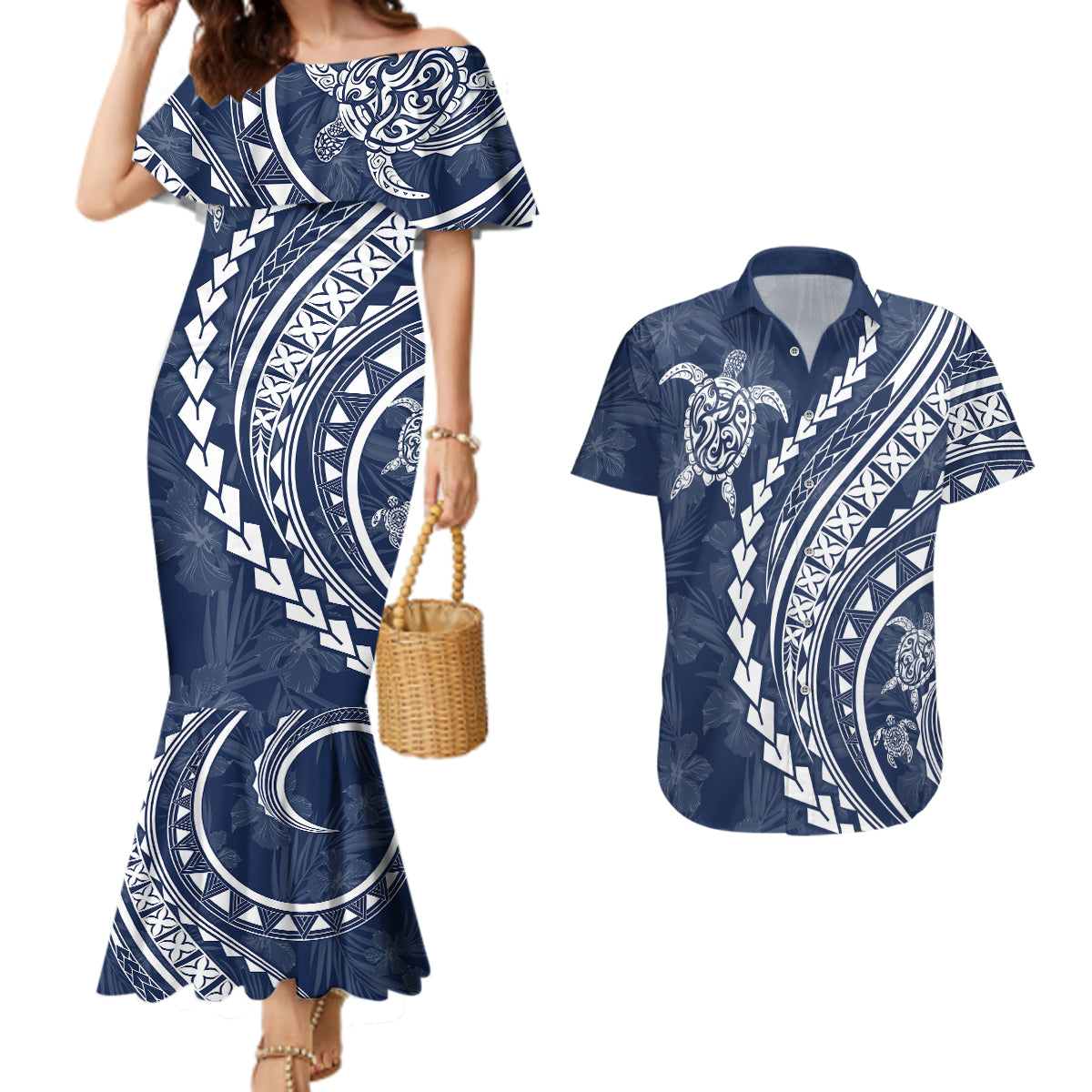 Polynesian Pride Couples Matching Mermaid Dress and Hawaiian Shirt Turtle Hibiscus Luxury Style - Navy LT7 - Wonder Print Shop