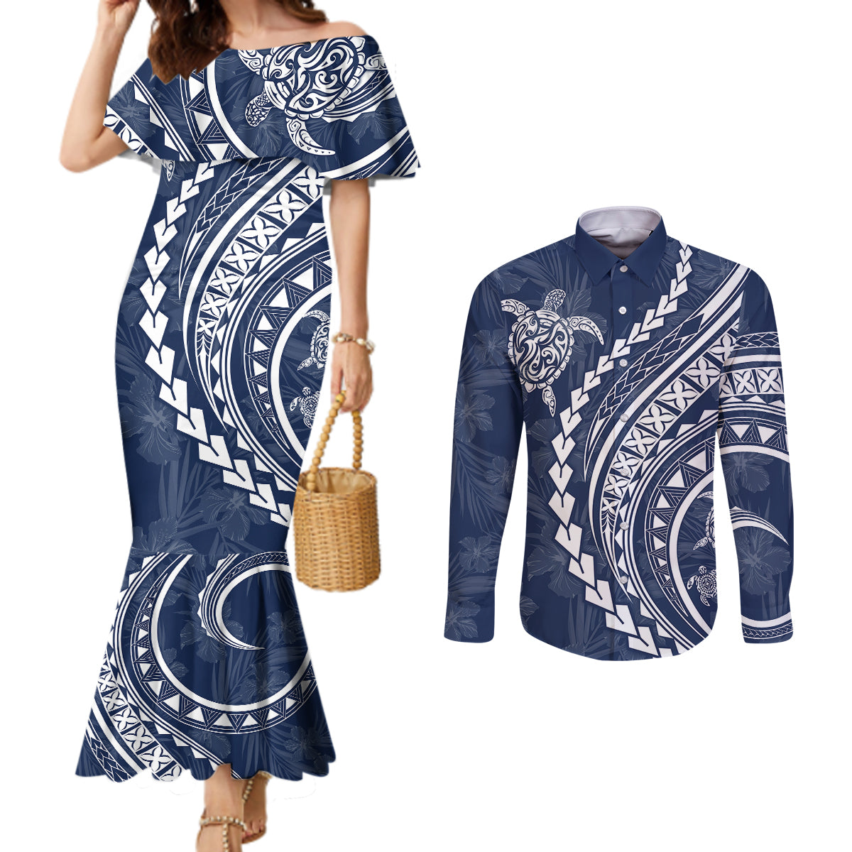polynesian-pride-couples-matching-mermaid-dress-and-long-sleeve-button-shirts-turtle-hibiscus-luxury-style-navy