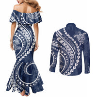 polynesian-pride-couples-matching-mermaid-dress-and-long-sleeve-button-shirts-turtle-hibiscus-luxury-style-navy