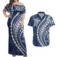 Polynesian Pride Couples Matching Off Shoulder Maxi Dress and Hawaiian Shirt Turtle Hibiscus Luxury Style - Navy LT7 - Wonder Print Shop