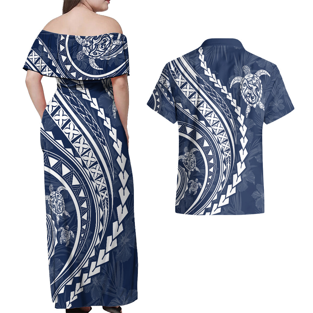 Polynesian Pride Couples Matching Off Shoulder Maxi Dress and Hawaiian Shirt Turtle Hibiscus Luxury Style - Navy LT7 - Wonder Print Shop
