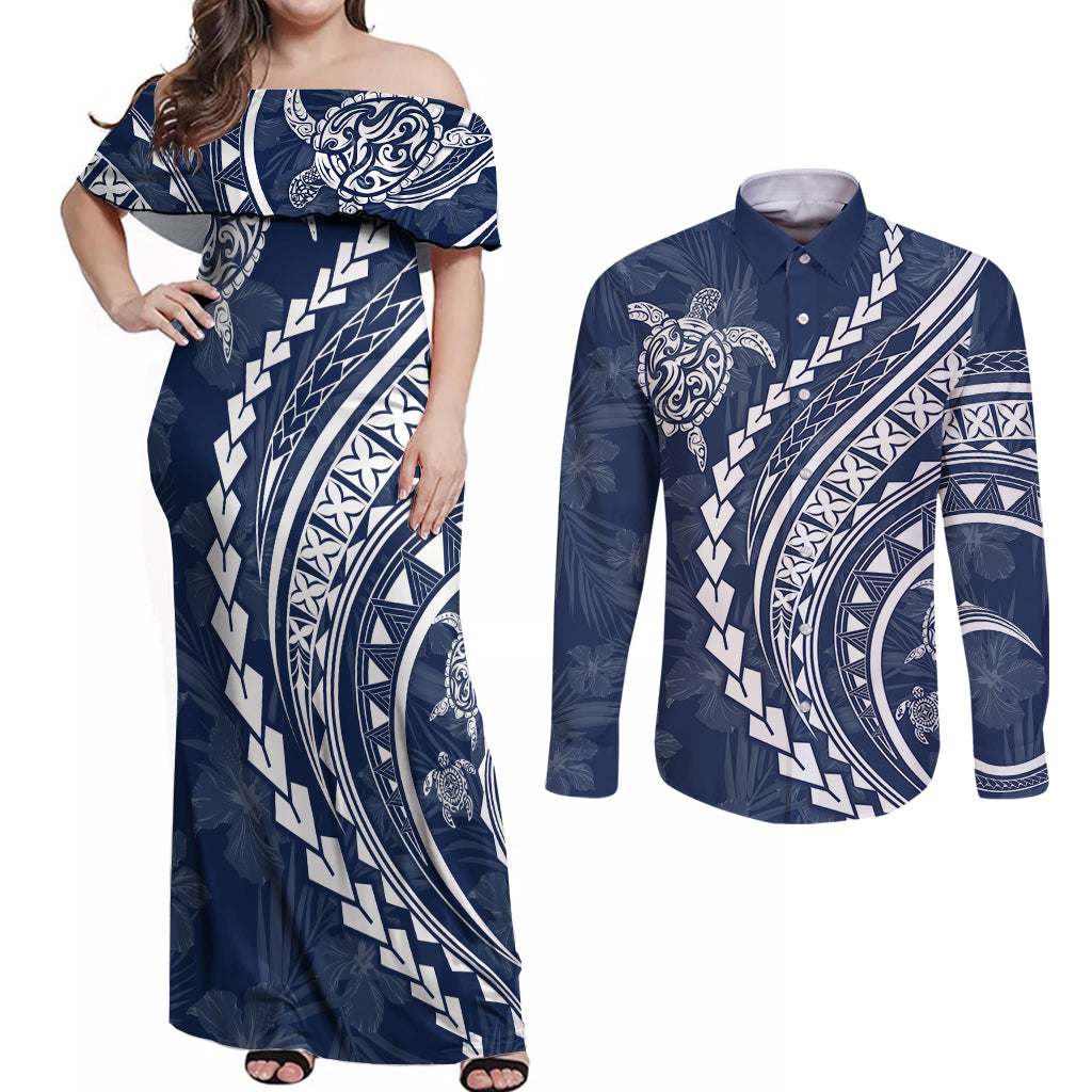 Polynesian Pride Couples Matching Off Shoulder Maxi Dress and Long Sleeve Button Shirts Turtle Hibiscus Luxury Style - Navy LT7 - Wonder Print Shop