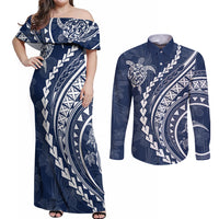 Polynesian Pride Couples Matching Off Shoulder Maxi Dress and Long Sleeve Button Shirts Turtle Hibiscus Luxury Style - Navy LT7 - Wonder Print Shop