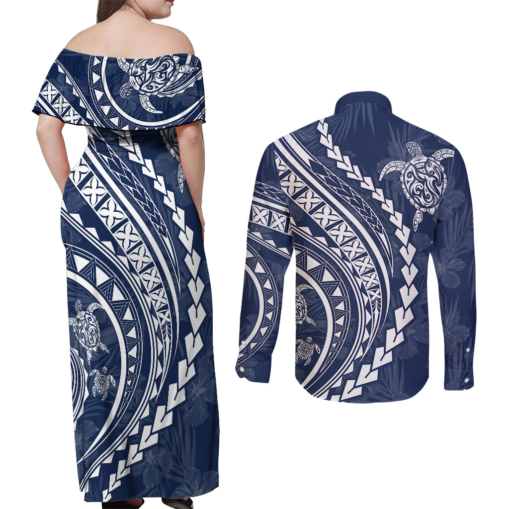 Polynesian Pride Couples Matching Off Shoulder Maxi Dress and Long Sleeve Button Shirts Turtle Hibiscus Luxury Style - Navy LT7 - Wonder Print Shop