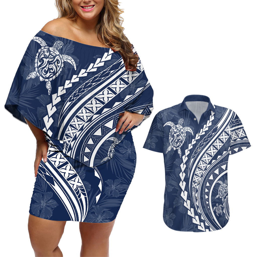 Polynesian Pride Couples Matching Off Shoulder Short Dress and Hawaiian Shirt Turtle Hibiscus Luxury Style - Navy LT7 - Wonder Print Shop
