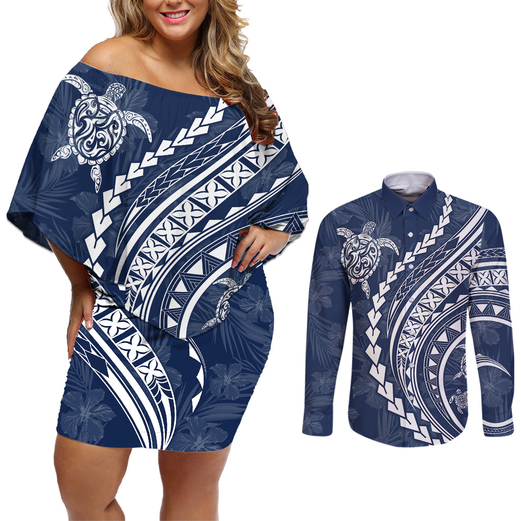 Polynesian Pride Couples Matching Off Shoulder Short Dress and Long Sleeve Button Shirts Turtle Hibiscus Luxury Style - Navy LT7 - Wonder Print Shop