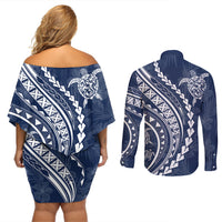 Polynesian Pride Couples Matching Off Shoulder Short Dress and Long Sleeve Button Shirts Turtle Hibiscus Luxury Style - Navy LT7 - Wonder Print Shop