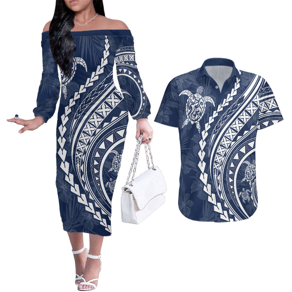 Polynesian Pride Couples Matching Off The Shoulder Long Sleeve Dress and Hawaiian Shirt Turtle Hibiscus Luxury Style - Navy LT7 - Wonder Print Shop