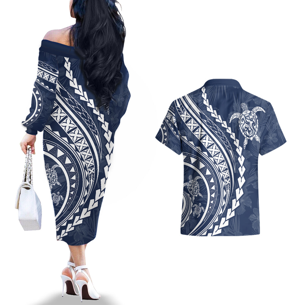 Polynesian Pride Couples Matching Off The Shoulder Long Sleeve Dress and Hawaiian Shirt Turtle Hibiscus Luxury Style - Navy LT7 - Wonder Print Shop
