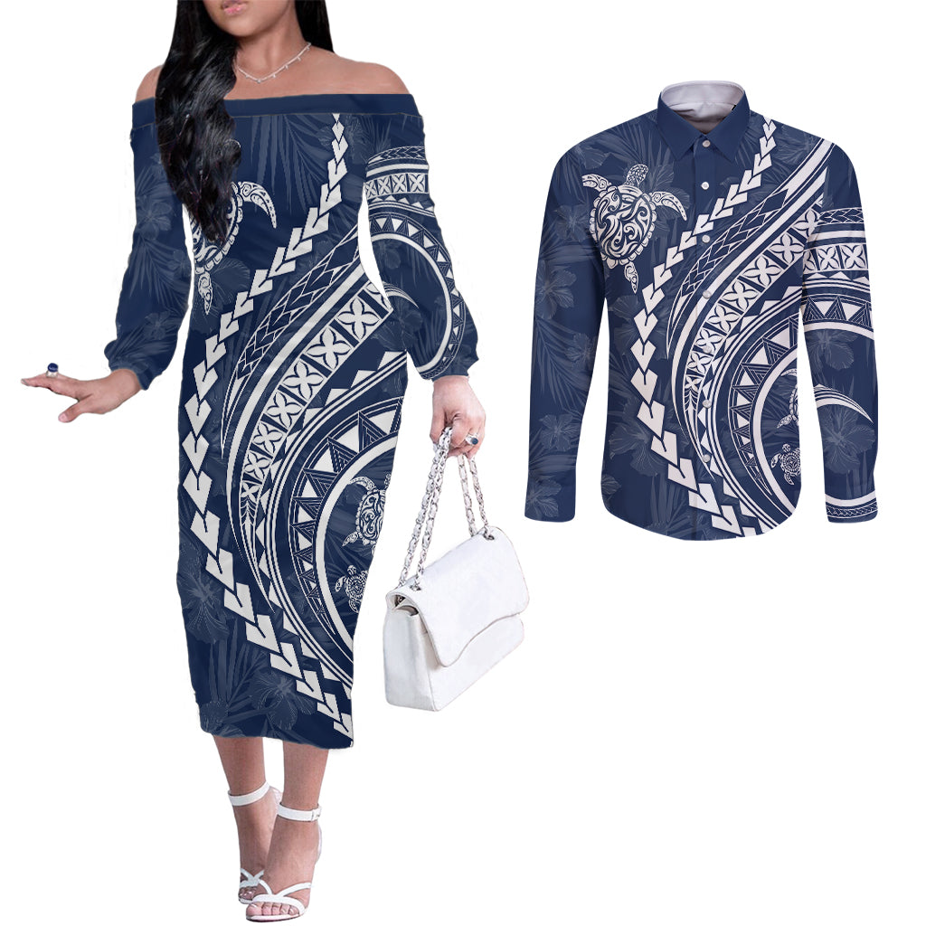 polynesian-pride-couples-matching-off-the-shoulder-long-sleeve-dress-and-long-sleeve-button-shirts-turtle-hibiscus-luxury-style-navy